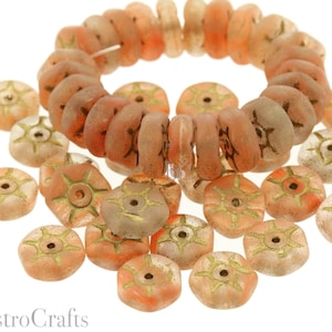 Czech Glass WHEEL Spoke Rondelle Beads 25pcs - Matted Cloudy Tangerine with GOLD Wash 8x3mm Spacers * NEW