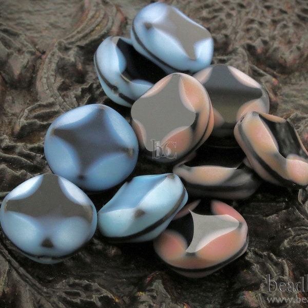 SILKY Jet Glass Table CUT Coin beads - 5pcs Diamond Shaped Design Czech Glass with Blue or Pink - 15mm * NEW Old Stock *