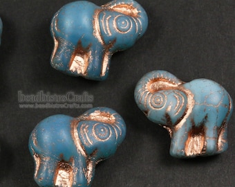 2pcs ELEPHANTS * Czech Glass Pressed Bead - Matte Milky Aqua Opal COPPER Wash - 20mm Happy Elephant Beads