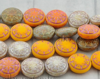 8pcs Czech Star of Ishtar beads MIX - pressed Czech glass puffed coins - Orange & Beige Mix - 13mm