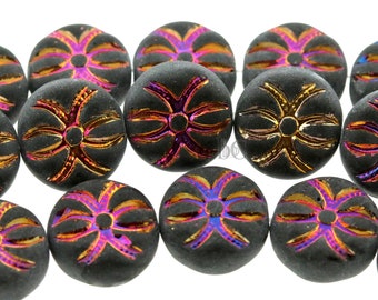 Czech Glass SPIDER beads 8pcs - Pressed Glass Beads - FROSTED Opaque jet with Metallic SLIPERIT - 13mm