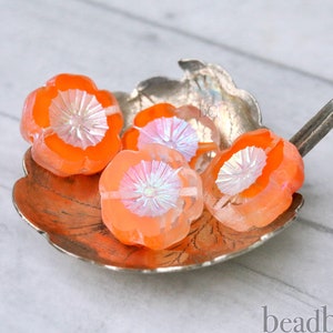 Czech Glass HIBISCUS Flower beads 4pcs - Pressed Glass Beads - Crystal & Hyacinth Orange Table Cut with AB - 14mm