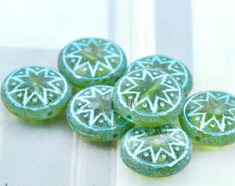 6pcs Czech Star of Ishtar beads - pressed Czech glass puffed coins - Aged Olivine TRAVERTINE METALLIC Turquoise Wash - 13mm