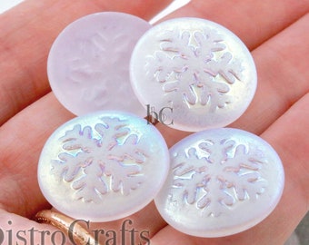 Glass Snowflake Cabochon - 21mm Round Pressed Czech Glass Cabs - FROSTED Crystal AB - 2 or 4 pieces