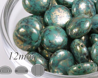 24pcs * 12mm Preciosa CANDY™ Cabochon Beads - 12mm Czech glass 2-hole cabochons - Turquoise BRONZE PATINA