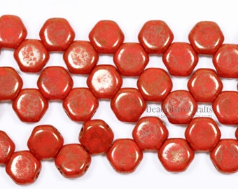 30pcs - Czech Glass HoneyComb beads - 2-hole Honeycombs - Red Coral LUMI GOLD - 6mm