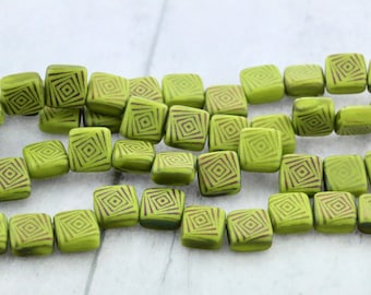 25pcs Czech Laser TATTOO 2-hole Tile beads - Matte Opaque Olive SLIPERIT SQUARED design - 6mm 2 hole glass tile beads