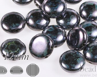 24pcs * 12mm Preciosa CANDY™ Cabochon Beads - 12mm Czech glass 2-hole cabochons - Jet LAZURE BLUE Luster