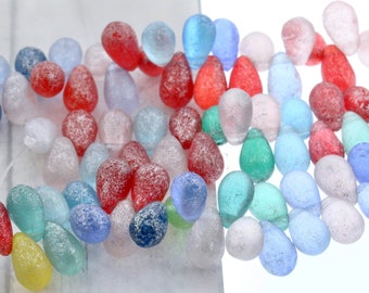 25pcs ETCHED Czech Glass Drop beads - top drilled tear drops - ACID Etched Mixed Transparent FROSTED Silver Shimmer - 6x9mm