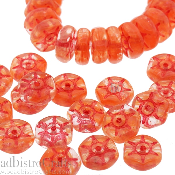 Czech Glass WHEEL Spoke Rondelle Beads 25pcs - Cloudy Tangerine with RED Wash 8x3mm Spacers * NEW