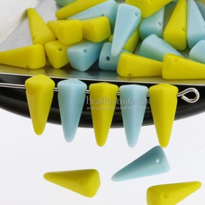 10pcs Czech Glass Square SPIKE Beads - Opaque LEMON Yellow or Pale BLUE Turquoise - 13x6mm