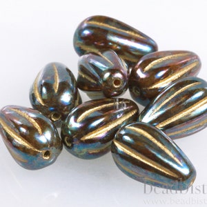 Melon Drops Espresso glass - 8pcs Melon beads - Czech glass Melon drop bead - OXIDIZED ESPRESSO Luster Butter Rum Opal - 13x8mm