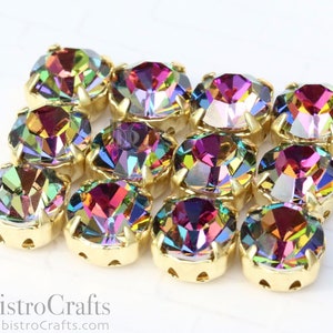 Preciosa 8mm Crystal SLIDER BEAD * 2-hole 39SS Crystal Rhinestone sew-on beads - VITRAIL Medium / Gold Plated setting