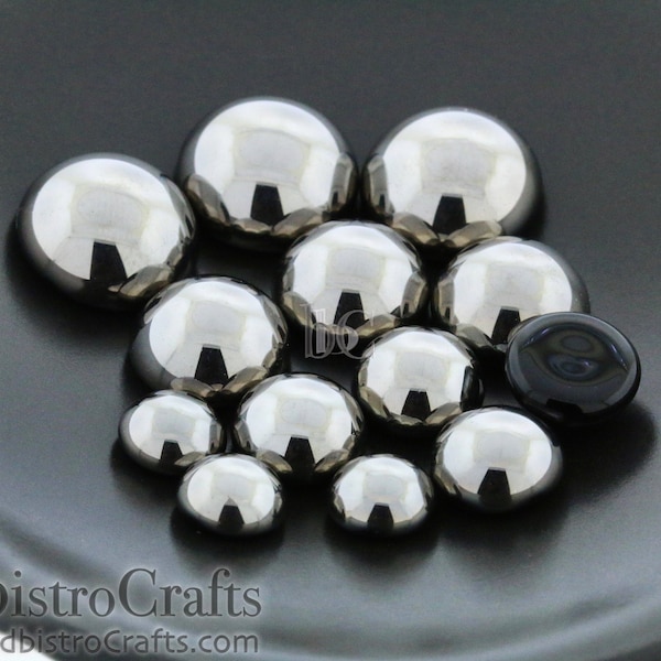 Glass Round Cabochon - CHOOSE Your Size - Czech Glass Domed Cabs - Jet CHROME - 8mm, 10mm, 12mm, 14mm