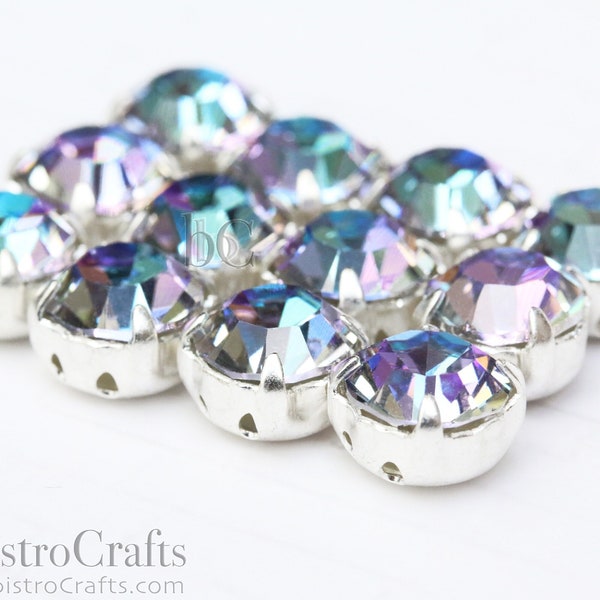 Preciosa 8mm Crystal SLIDER BEAD * 2-hole 39SS Crystal Rhinestone sew-on beads - VITRAIL Light / Silver Plated setting