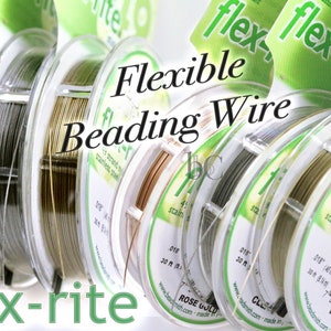 May include: Four spools of Beadsmith Flex-Rite flexible beading wire. The spools are labeled with the brand name, product name, and wire size. The wire is available in bronze, rose gold, clear, and silver.