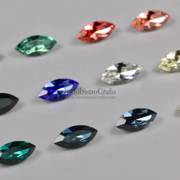 Crystal Facetted Navettes - 2 or 6pcs - 15x7mm Crystals - Marquise shaped Rhinestone - CHOOSE COLOR - Foiled Crystals - Fancy stones