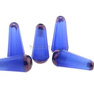 4pcs Facetted Drop beads - Long Czech tear drops - Slender glass drop beads - Satin Milky BLUE OPAL with BRONZE Luster - 20x9mm