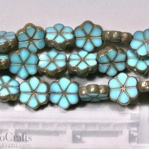 8 Stück Tschechische Tischschliff - 10 mm Vergissmeinnicht Blumen Flache Perlen - Opak Blau Türkis BRONZE - 10 x 3 mm Perlen in Blumenform