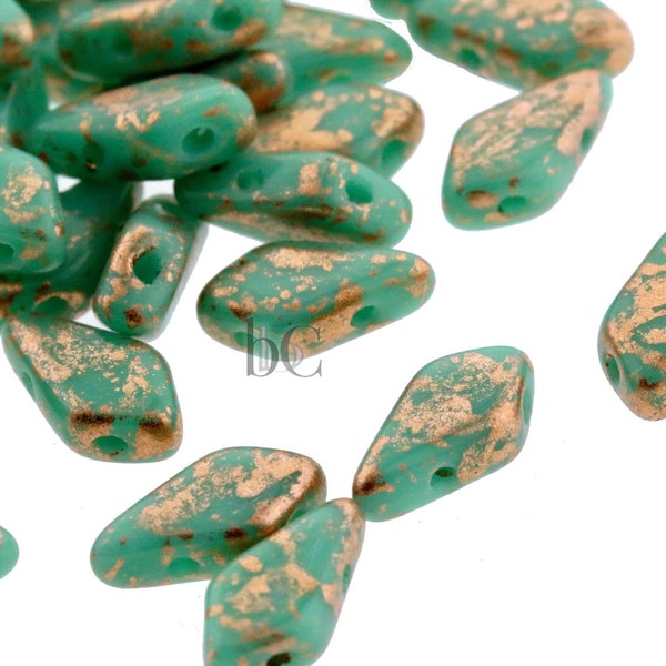 50pcs Czech KITE beads - new 2 hole beads - Green Turquoise COPPER SPLASH - 9x5mm - Kite shaped beads