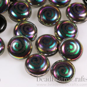 Laser Tattoo 12mm 2-hole CANDY Cabochon Beads - 12 or 24pcs - Czech 2-hole Preciosa * - Opaque Jet Black VITRAIL SPIRAL Tattoo