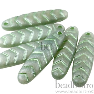 2pcs CHEVRON DAGGERS * Original Czech Glass - Frosted Milky Opal Luster Lt Green with Met MINT Wash - 30x9mm Dagger Beads - front drill