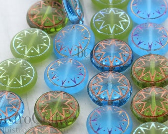 8pcs Czech Star of Ishtar beads MIX - pressed Czech glass puffed coins - Aqua & Olivine Mix - 13mm