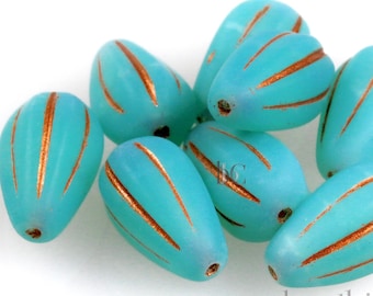 Melon Drops Aqua glass - 8pcs Melon beads - Czech glass Melon drop bead - MATTE Aqua Green Opal Metallic COPPER WASH - 13x8mm