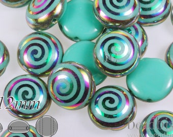 May include: A close-up of turquoise blue glass beads with a silver iridescent swirl design. The beads are 12mm in diameter.