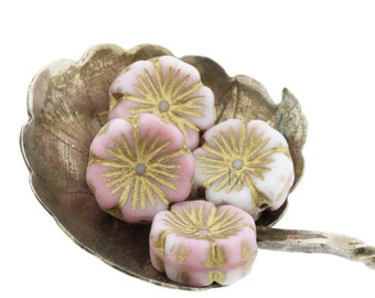 Czech Glass HIBISCUS Flower beads 4pcs - Pressed Glass Beads - MATTE Pale Pink & White with Metallic GOLD Wash - 14mm