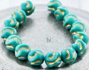 Love Knot Czech Beads - 15pcs Pressed Czech Glass Beads - Opaque Jade / TURQUOISE with GOLD Wash * 8x8mm