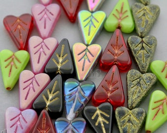 10pcs Heart Leaf beads - Pressed Czech glass Leaves - Opaque & Transparent - CHOOSE COLOR - 16x11mm