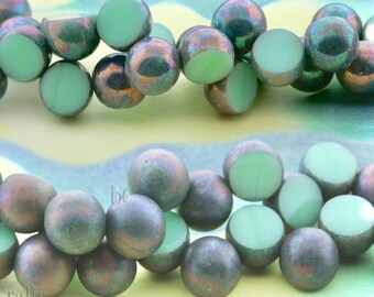 Sliced Czech Glass BERRY Beads - 14pcs Table Cut 8mm Round FROSTED & Shiny Pale Jade NEBULA * Vintage Styling / Top-drilled