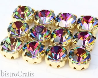 Preciosa 8mm Crystal SLIDER BEAD * 2-hole 39SS Crystal Rhinestone sew-on beads - VITRAIL Medium / Gold Plated setting