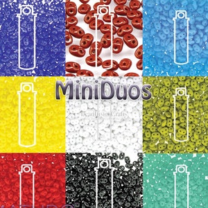 以下が含まれることがあります： 青、赤、黄、白、緑、赤、黒、ターコイズなど、さまざまな色のミニデュオチェコガラスシードビーズの詰め合わせ。ビーズは小さく、2穴のデザインです。画像には「ミニデュオ」と「ビーズビストロクラフト」のテキストが含まれています。