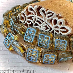 6pcs Czech Scrolled Rectangle beads - pressed Czech glass - Crystal TRAVERTINE with Blue TURQUOISE Wash - 12mm