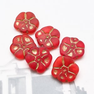 6pcs PRIMROSE * Czech Glass Pressed Beads * FROSTED Siam Red with GOLD Wash - 15mm Flower Beads