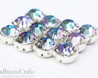 Preciosa 8mm Crystal SLIDER BEAD * 2-hole 39SS Crystal Rhinestone sew-on beads - VITRAIL Light / Silver Plated setting