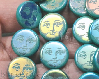 Czech Laser Tattoo beads - 8pcs AB Opaque Turquoise MOON Face bead - 14mm flat, round, coin shaped glass beads