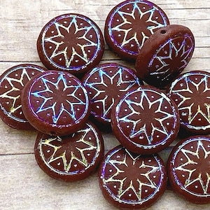 6pcs Czech Star of Ishtar beads - pressed Czech glass puffed coins - FROSTED Umber / Chocolate AB - 13mm