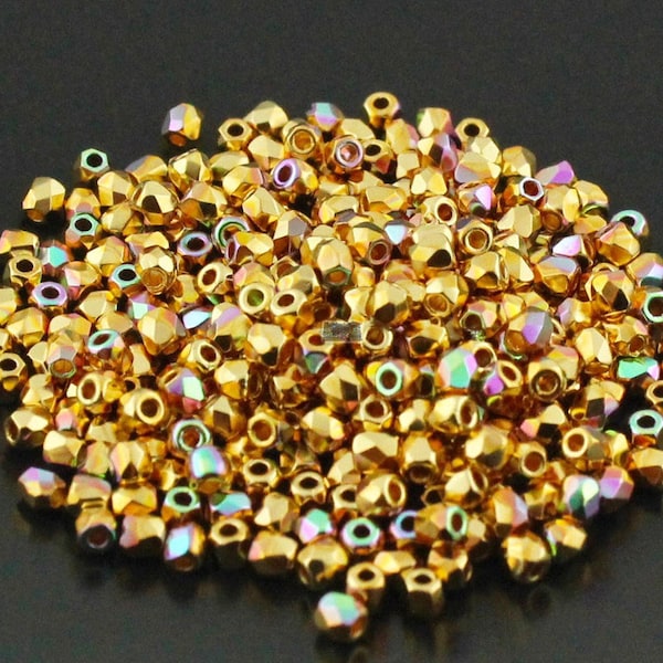 2g - 2mm FirePolish round Czech glass bead - Cry 24K GOLD PLATED Ab finish - True 2mm fire polish beads