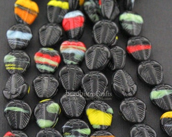 Czech TRILOBITE beads 8pcs - pressed glass multi-color Black Trilobite beads - bright opaque orange, red, yellow, green, blue, ....