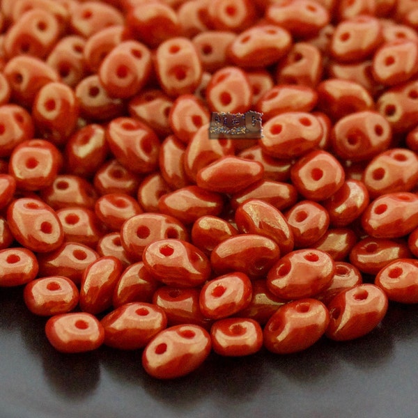 10g Czech SuperDuo 2-hole Beads - Opaque Orange RED LUSTER * 2.5x5mm