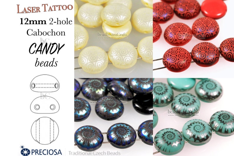 12pcs Laser Tattoo 2 Hole Candy Cabochon Beads 12mm Czech Etsy