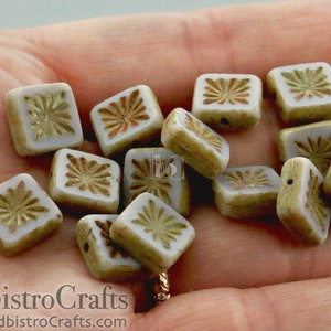 8pcs Table Cut Czech Glass beads 10mm Square Kiwi Design Flat Bead Opaque Light Violet / Mauve PATINA TRAVERTINE image 4