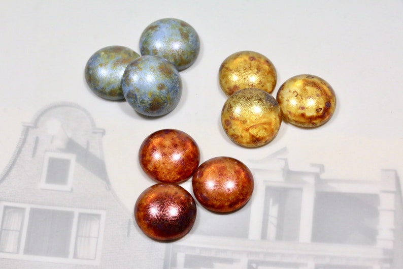 Glass Cabochon 18mm Round Pressed Czech Glass Cabs Alabaster SATIN SAGE, Golden or Copper honey LUSTER 2 pieces image 1