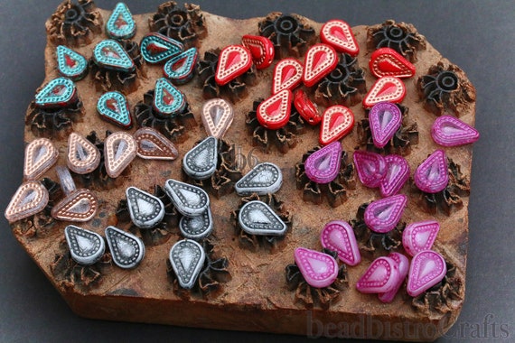 チェコガラス 14 x 10 mm - ドット入りティアドロップビーズ (6個