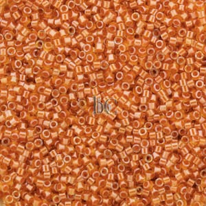 May include: Close-up of a pile of orange seed beads. The beads are cylindrical with a hole running through the center. The color is a translucent orange with a slight shimmer, creating a warm, inviting appearance. These beads are ideal for jewelry making and crafting.