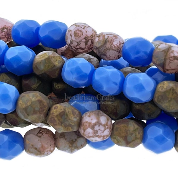 25pcs 6mm beads * Fire Polish Facetted Czech glass beads - Opaque Blue with Matte BRONZE Picasso Opq/Opal MIX - 6mm Facetted beads