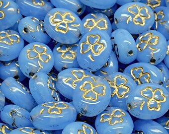 12pcs Shamrock beads - Pressed Czech glass Oval beads - MILKY Blue Opal GOLD WASH - 10x8mm